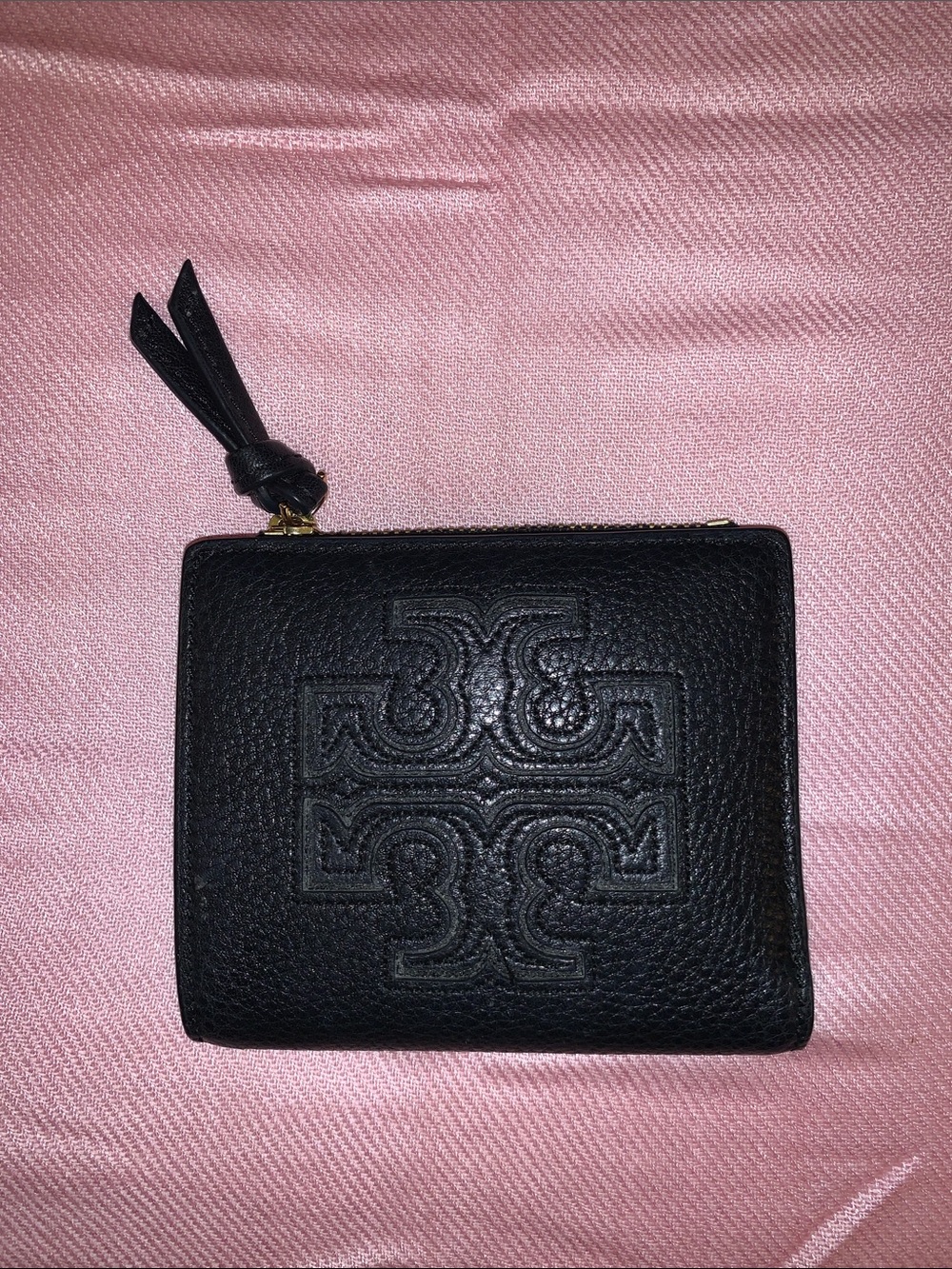 Tori Burch Black Embossed Logo Zip Wallet